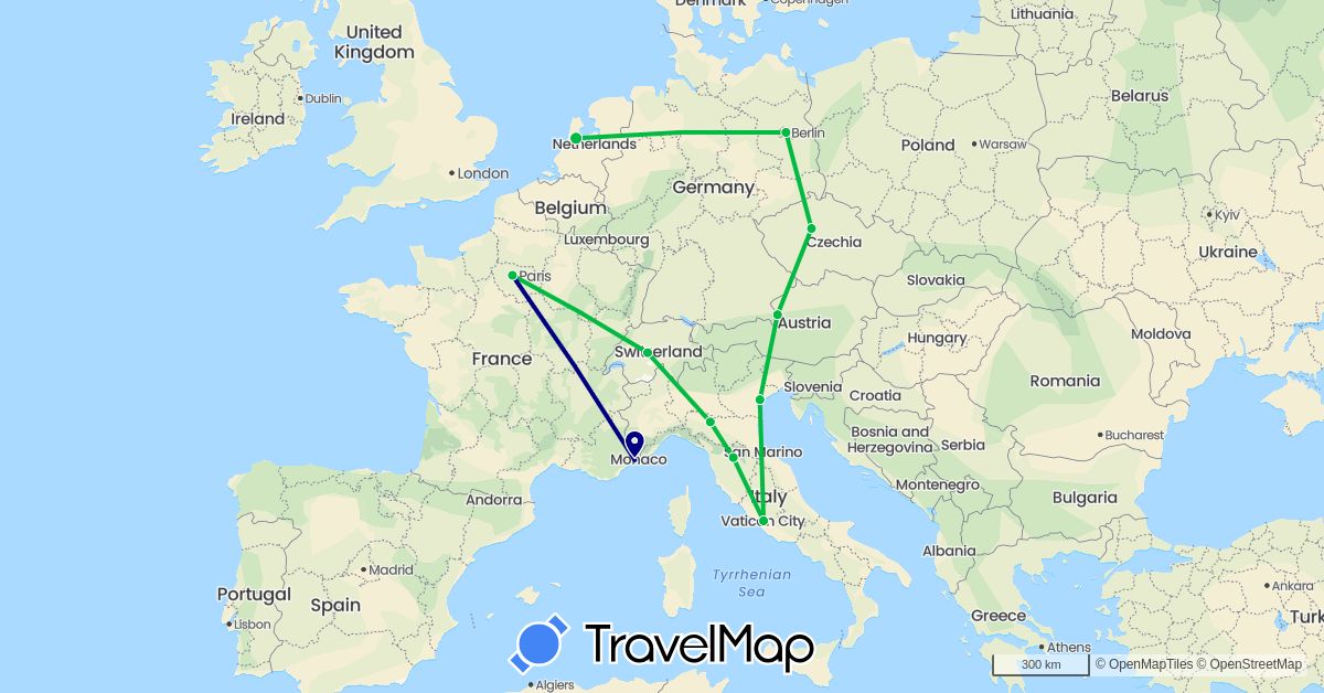 TravelMap itinerary: driving, bus in Austria, Switzerland, Czech Republic, Germany, France, Italy, Netherlands (Europe)