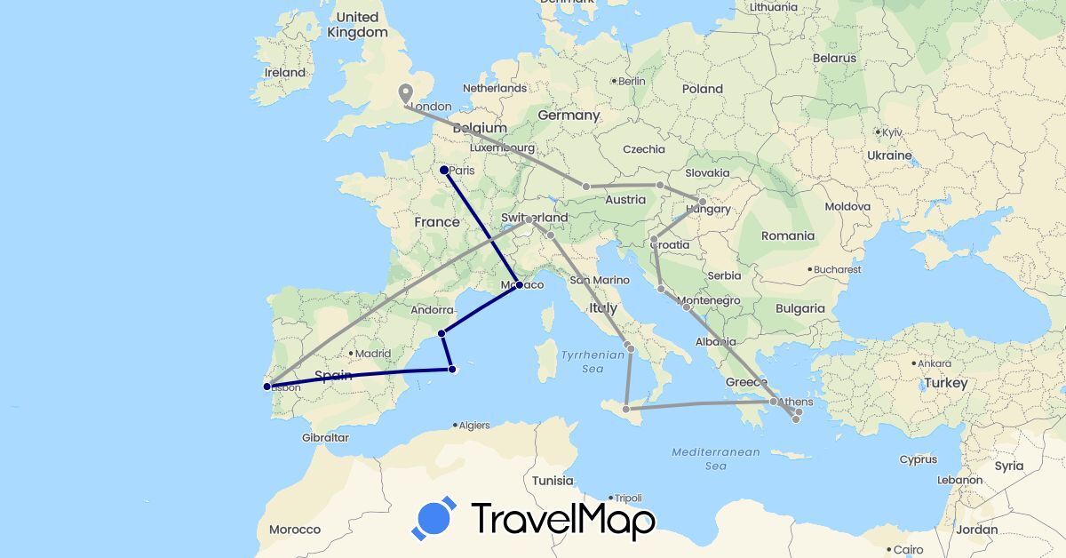 TravelMap itinerary: driving, plane in Austria, Switzerland, Germany, Spain, France, United Kingdom, Greece, Croatia, Hungary, Italy, Portugal (Europe)
